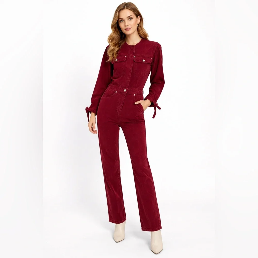 Zara The 80s Devon Burgundy Jumpsuit Long Sleeve Utility Romper Button Front - Picture 1 of 16